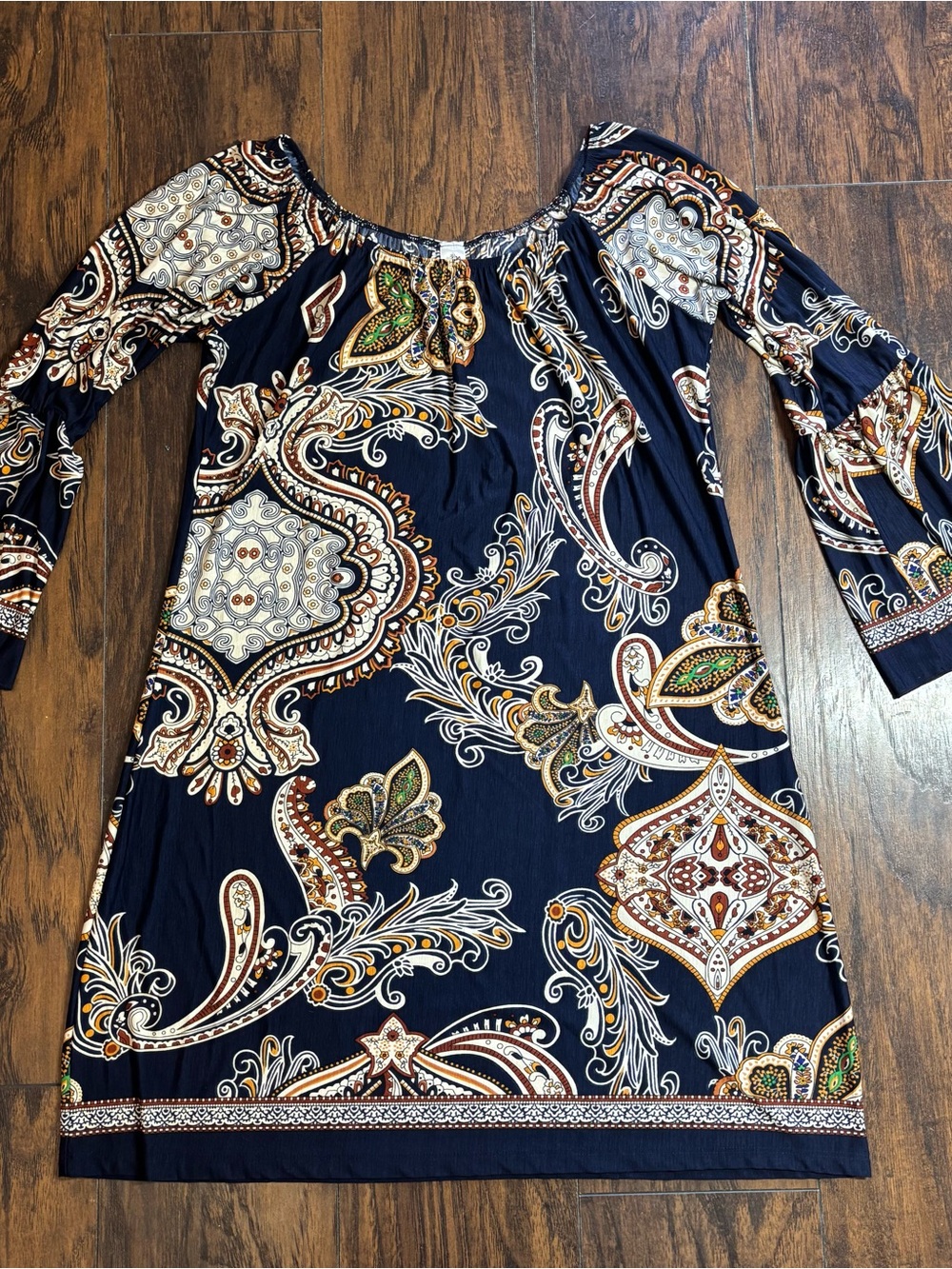 Women’s Navy Paisley Off-Shoulder Long Sleeve Dress Size Large